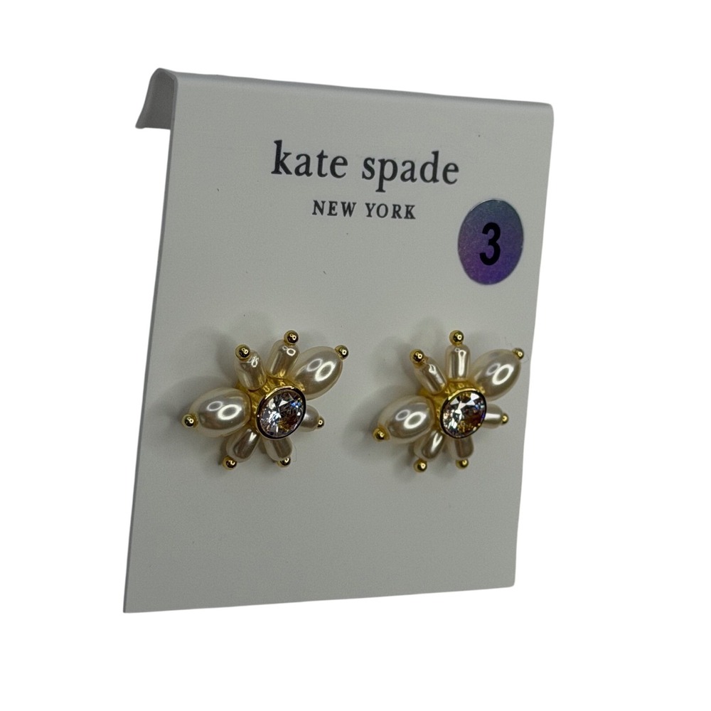 Kate Spade Pearl Starburst Floral Stud Earrings Gold Tone Crystal NWT Chic Boho - Picture 2 of 5